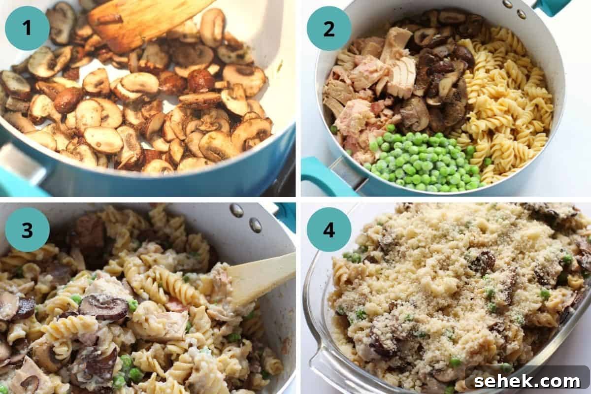 Creamy Tuna Noodle Casserole Without Soup 4 Photo collage of 4 recipe steps