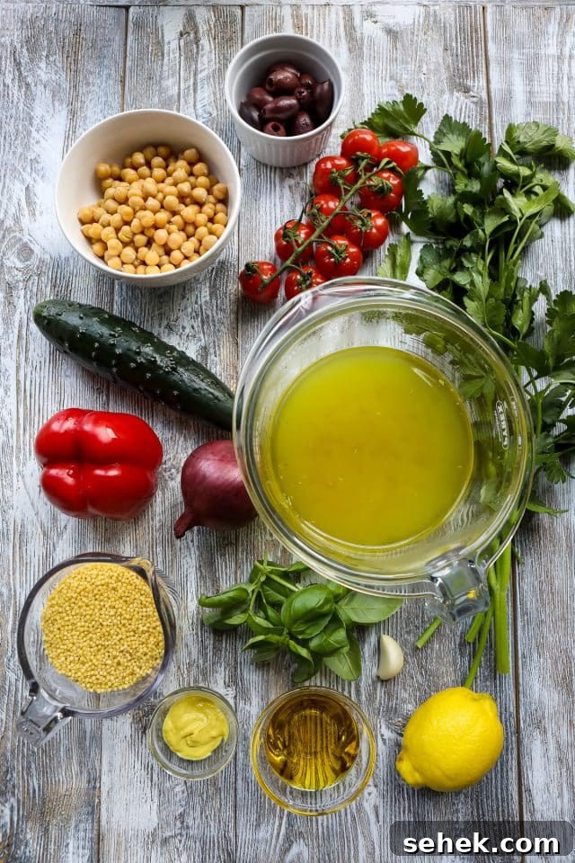 Vibrant Vegan Couscous Salad with Roasted Veggies and Herbs 5 Ingredients for couscous salad.