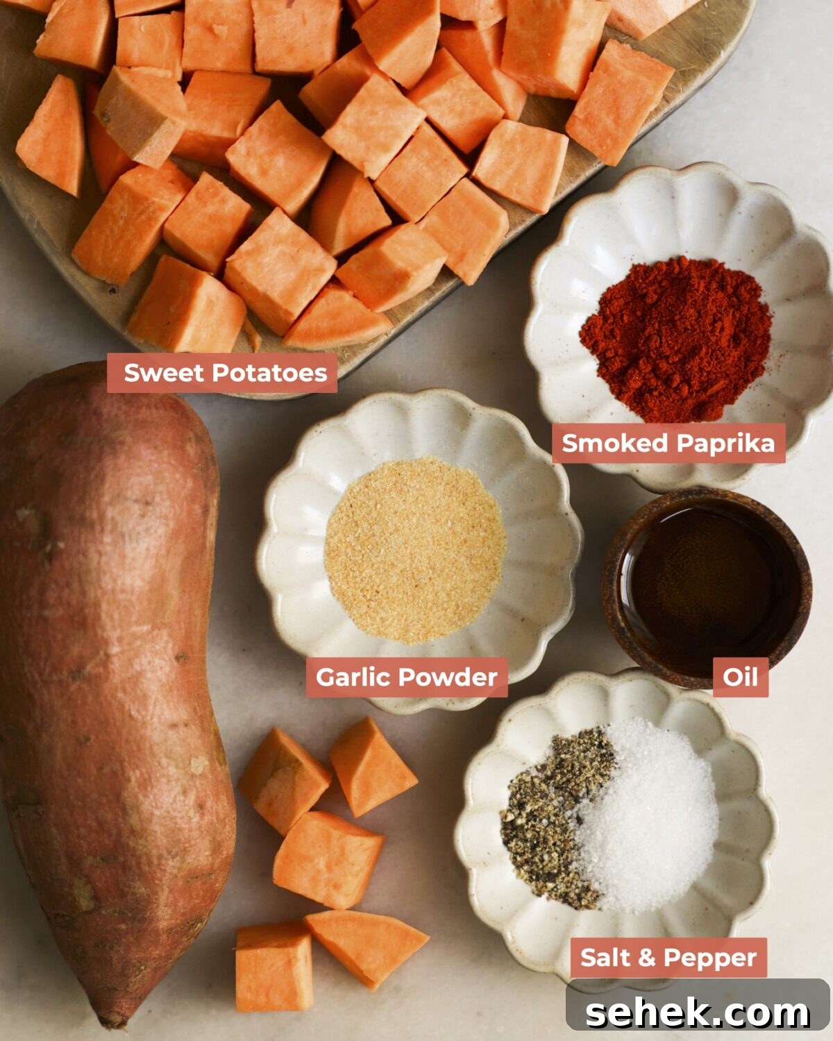 Perfectly Roasted Sweet Potatoes: Crispy Edges & Tender Centers 4 Labeled ingredients for roasted sweet potatoes.