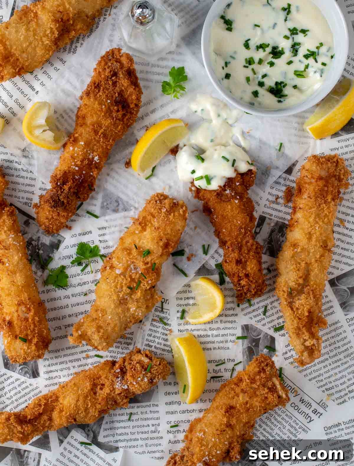 Crispy Fish Goujons Recipe — Crunchy Baked or Fried Fish Sticks 2 Fish goujons spread out on newspaper with some lemon slices and a garlic mayo dipping sauce on a small saucer