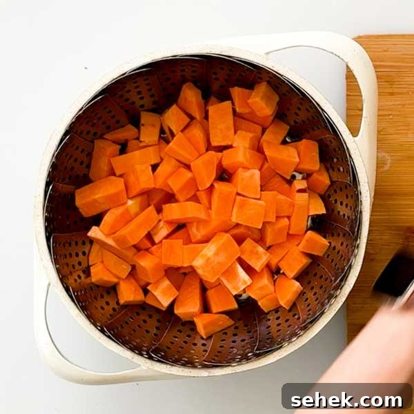 High-Protein Chocolate Sweet Potato Smoothie Recipe 6 Add the diced sweet potatoes to a steamer basket in a sauce pan.