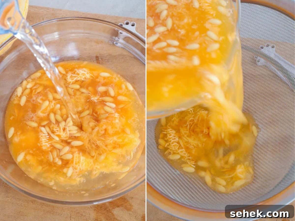 Refreshing Melon Juice Recipe: Fresh Melon Drink for Summer 4 extracting and straining juice from cantaloupe pulp