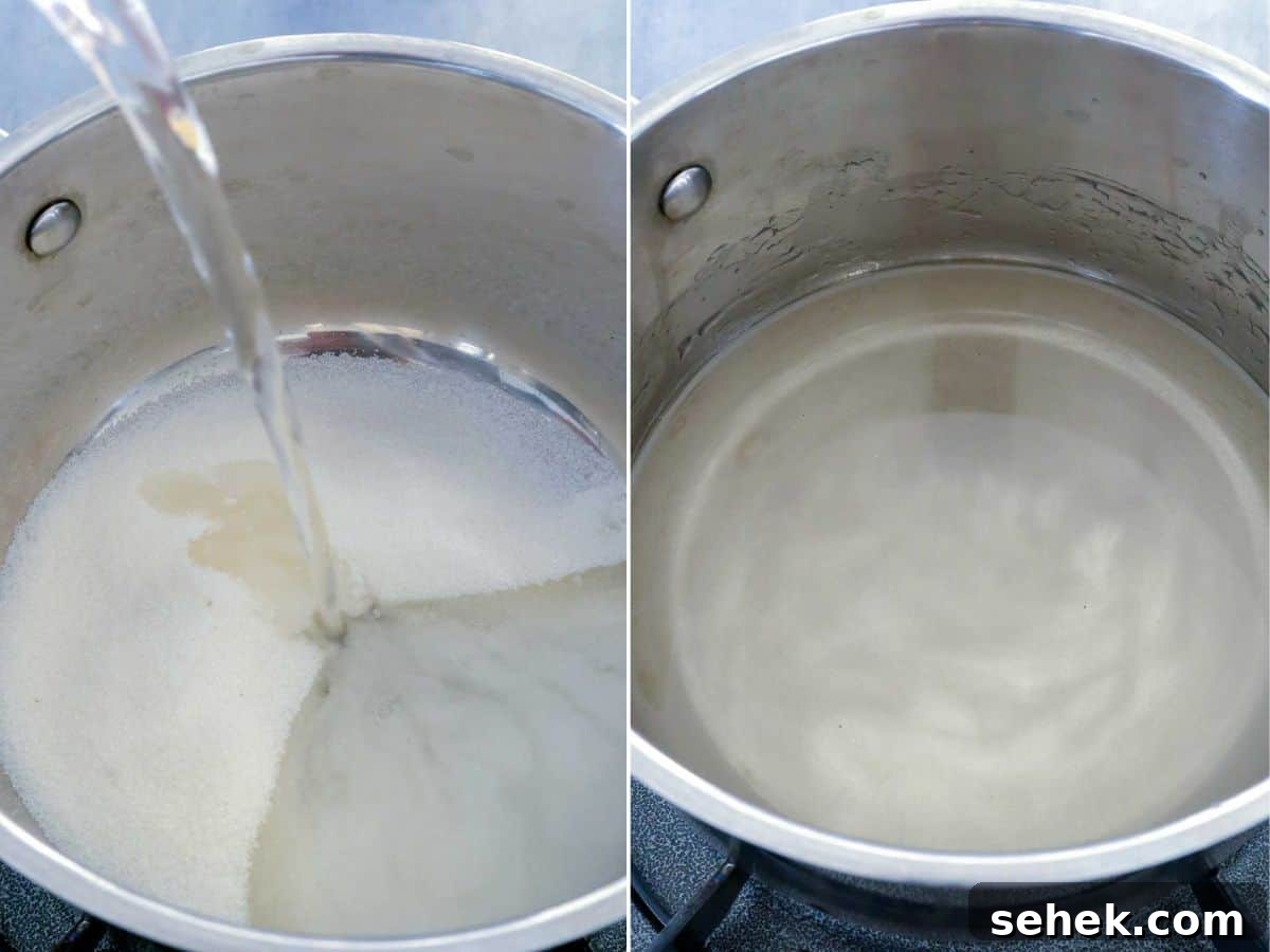 Refreshing Melon Juice Recipe: Fresh Melon Drink for Summer 6 making simple syrup in a sauce pan