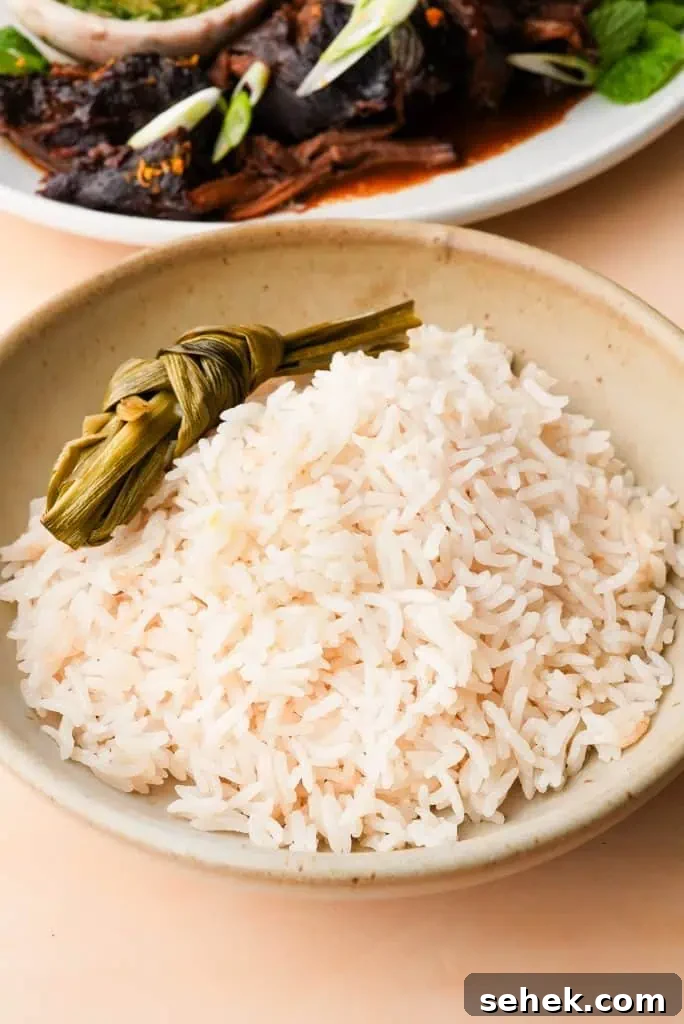 Coconut Rice Made in a Rice Cooker: Simple Fragrant Recipe 2 A bowl of fluffy rice cooker coconut rice garnished with a tied pandan leaf, served as a fragrant side dish.