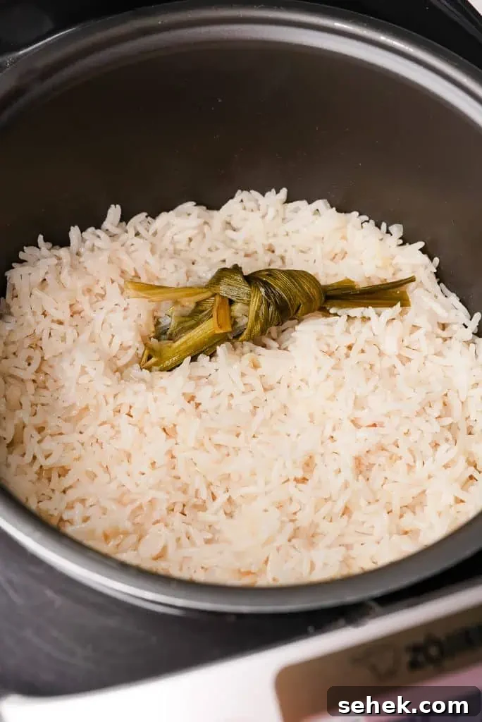 coconut rice using rice cooker Cooked coconut rice inside a rice cooker with fluffy jasmine grains and a tied pandan leaf resting on top