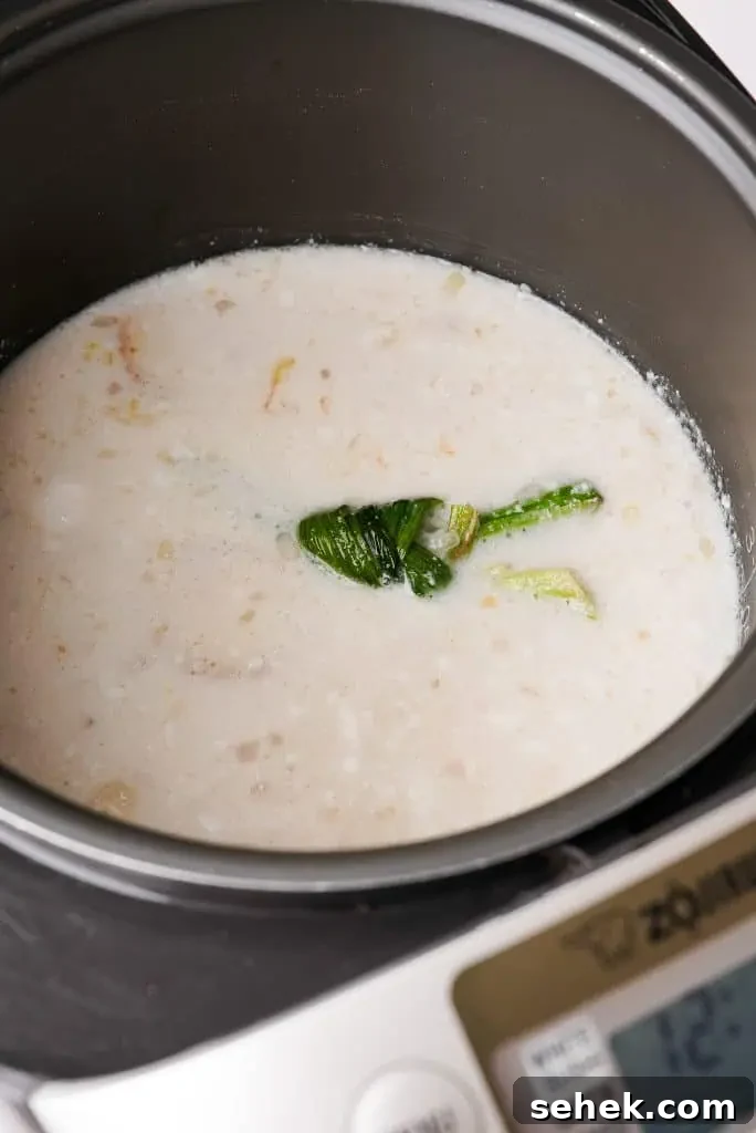 coconut rice in rice cooker Coconut milk and stock mixture poured over rice and aromatics inside a rice cooker before cooking.