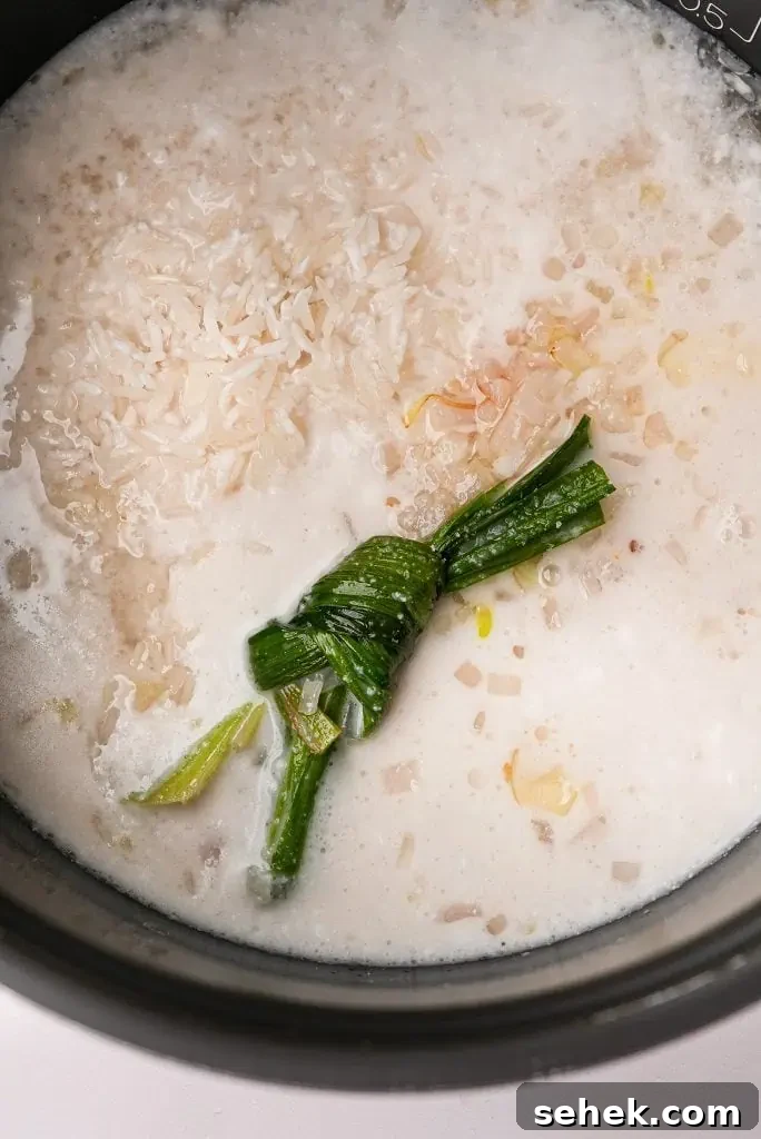 cooking coconut rice Coconut milk and stock mixture poured over rice and aromatics inside a rice cooker before cooking.