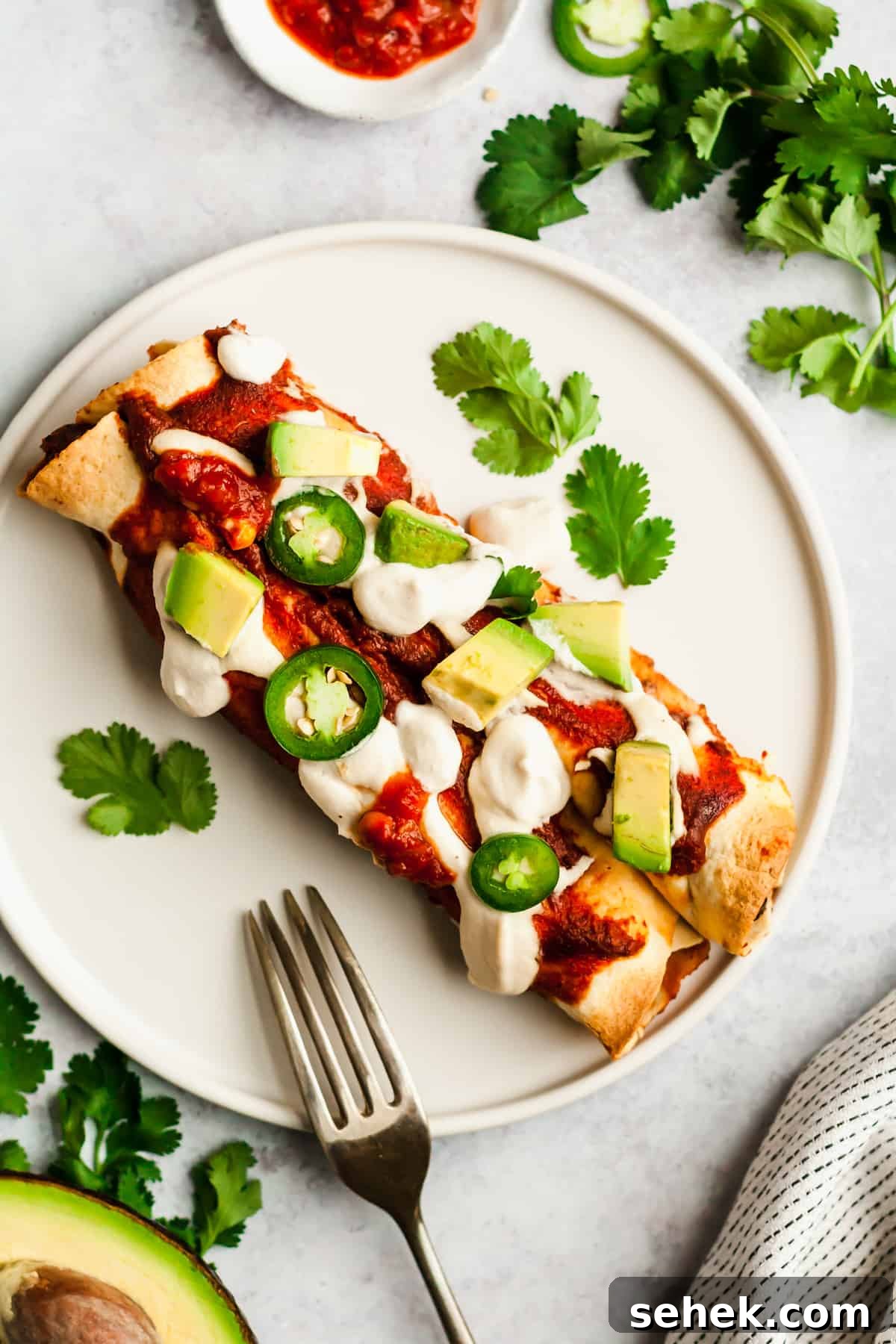 Vegan Black Bean and Kale Enchiladas Recipe for Flavorful Dinner 3 plate with two enchiladas with avocado and sour cream