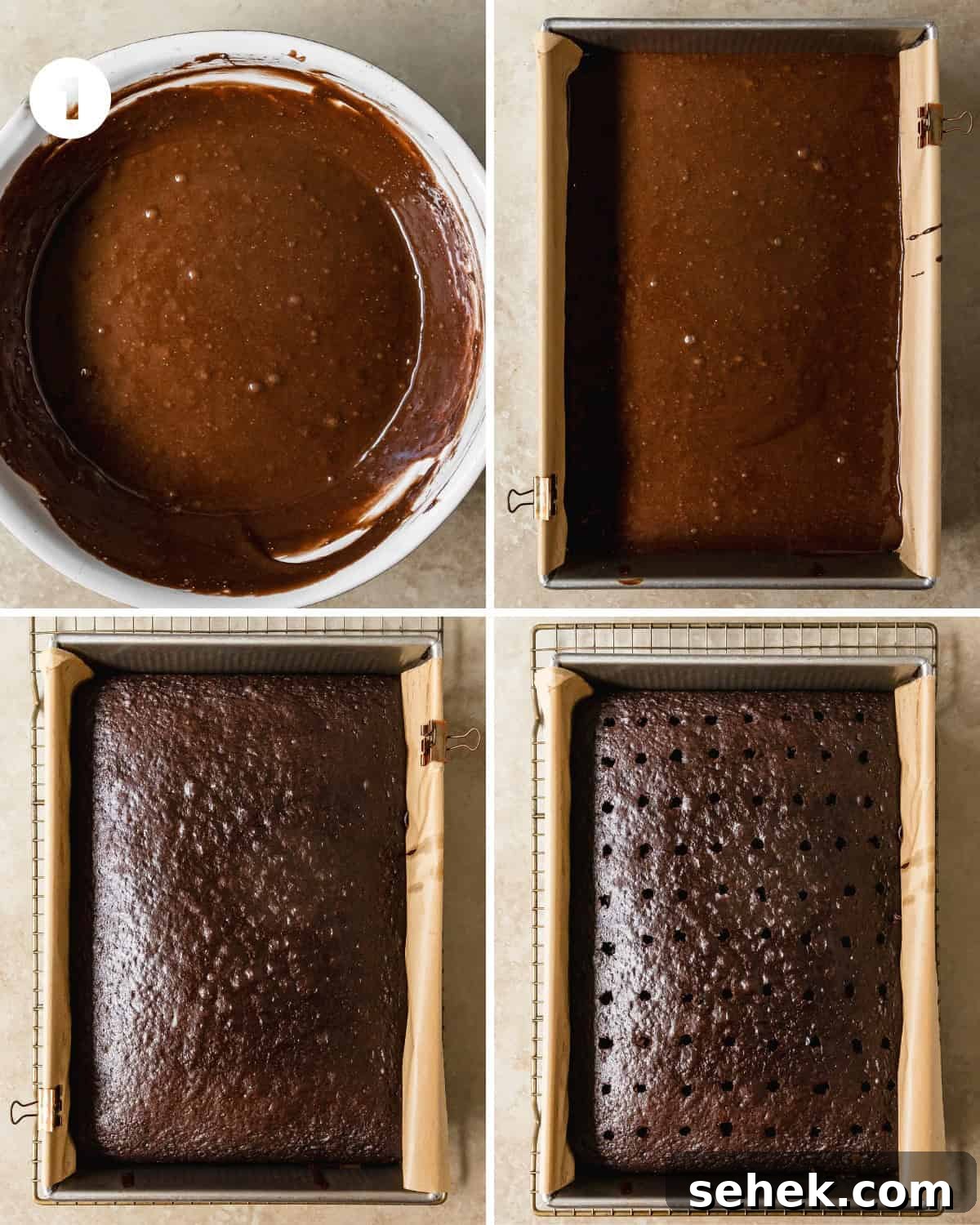 Preheat the oven to 350 F (177 C). Lightly grease and line the bottom and long sides of a 9 x 13 inch cake pan with parchment paper. In a large mixing bowl, whisk the oil, eggs, water and chocolate cake mix until well combined. Pour the chocolate devil’s food cake into the prepared cake pan. Bake for 20-25 minutes or until a toothpick inserted into the center comes out with a few moist crumbs. Cool the cake in the cake pan for 15-20 minutes.  Once the cake has cooled for 30 minutes to an hour or is no longer hot, but warm to the touch, poke holes in the cake using the bottom of a thick wooden spoon. 