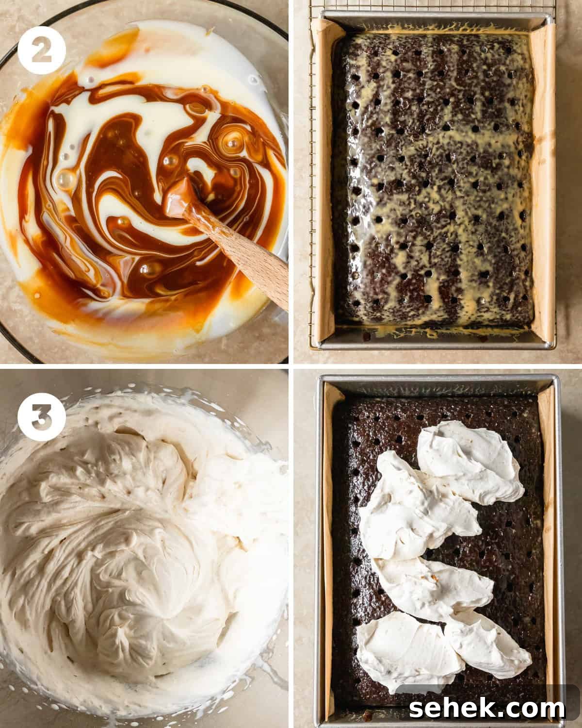 Make the caramel sauce by mixing the sweetened condensed milk and caramel sauce together until thicken, smooth and well combined. Spread the caramel sauce across the cake, making sure to push the sauce into the holes. Cover the poke cake with plastic wrap and chill in the fridge for at least 1-2 hours and up to overnight. 
Make the whipped topping. Whisk heavy cream, vanilla extract and powdered sugar together on low speed until well combined. To make peanut butter whipped cream, add 1 tablespoon creamy peanut butter. Increase the speed to medium until the whipped cream firms to medium stiff peaks. Top the chocolate butterfinger poke cake with the whipped cream and crushed butterfinger candy. 