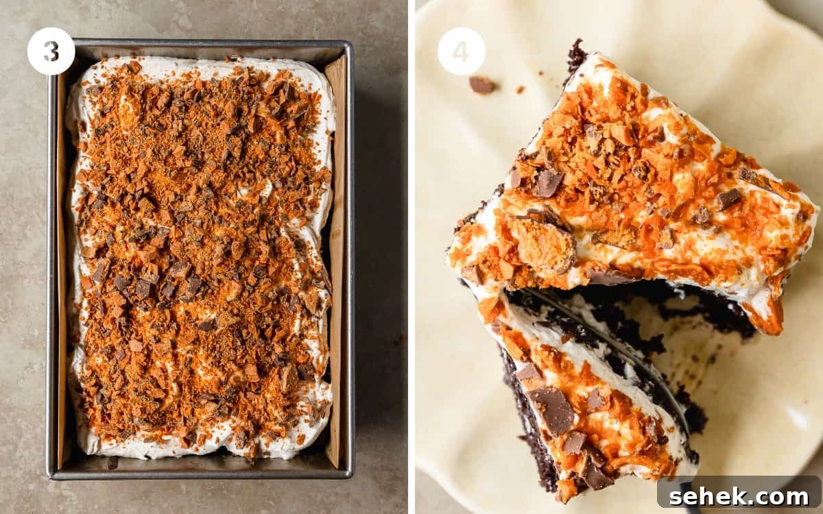 Store the cake in the fridge until you are ready to serve the cake. If you would like, use the parchment paper overhang to lift the cake out of the pan or just slice the cake while still inside the pan. 