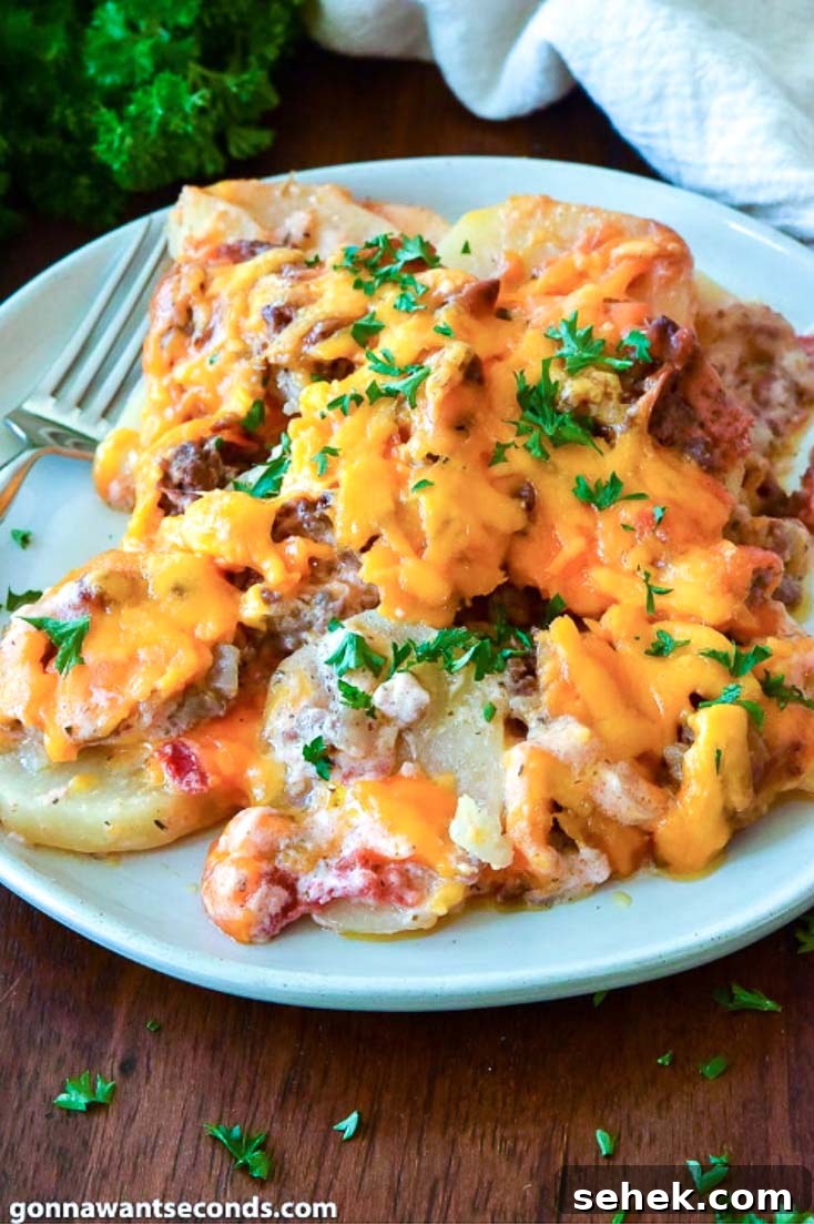Ground beef, potatoes, & a creamy sauce make the perfect dinner feast in my Hamburger Potato Casserole! hamburger potato casserole on a plate