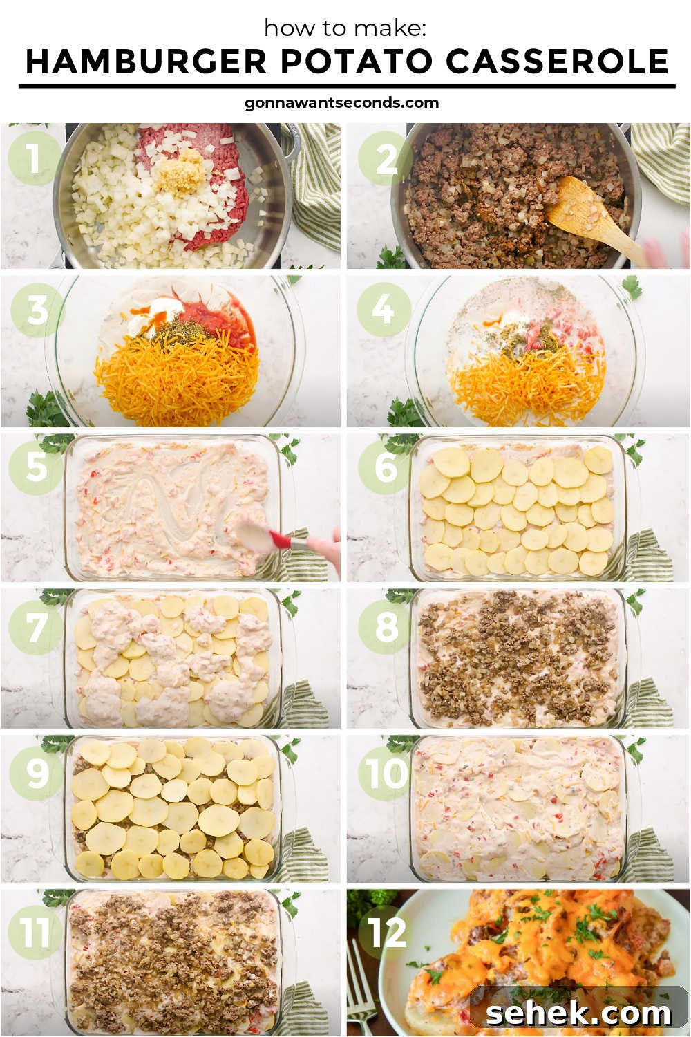 Ground beef, potatoes, & a creamy sauce make the perfect dinner feast in my Hamburger Potato Casserole! step by step how to make hamburger potato casserole