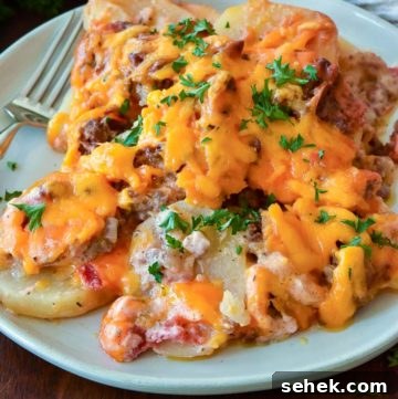 Creamy Hamburger and Potato Casserole Recipe for Weeknight Dinner 3 hamburger potato cheese casserole on a plate