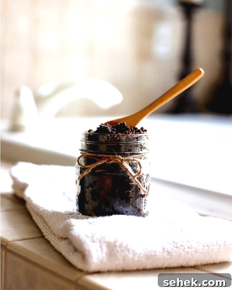 DIY Coffee Sugar Scrub Recipe for Smooth, Glowing Skin 3 Coffee sugar scrub by a tub.