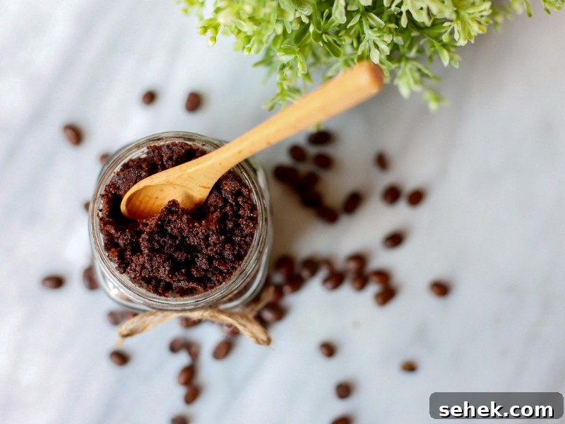 DIY Coffee Sugar Scrub Recipe for Smooth, Glowing Skin 6 Coffee Sugar Scrub with wooden spoon sticking out.