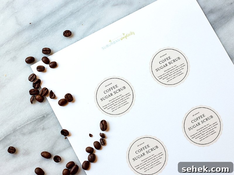 DIY Coffee Sugar Scrub Recipe for Smooth, Glowing Skin 8 Printable tags for coffee sugar scrub.