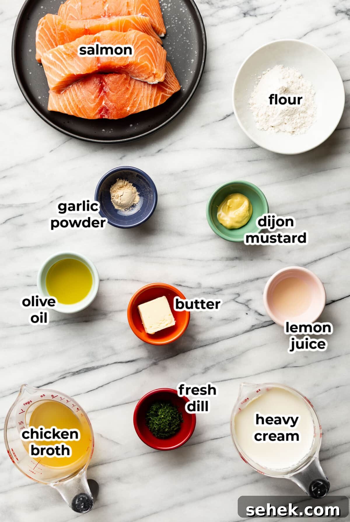 Creamy Dill Salmon Recipe with Lemon and Garlic 3 ingredients for salmon with dill sauce in prep bowls