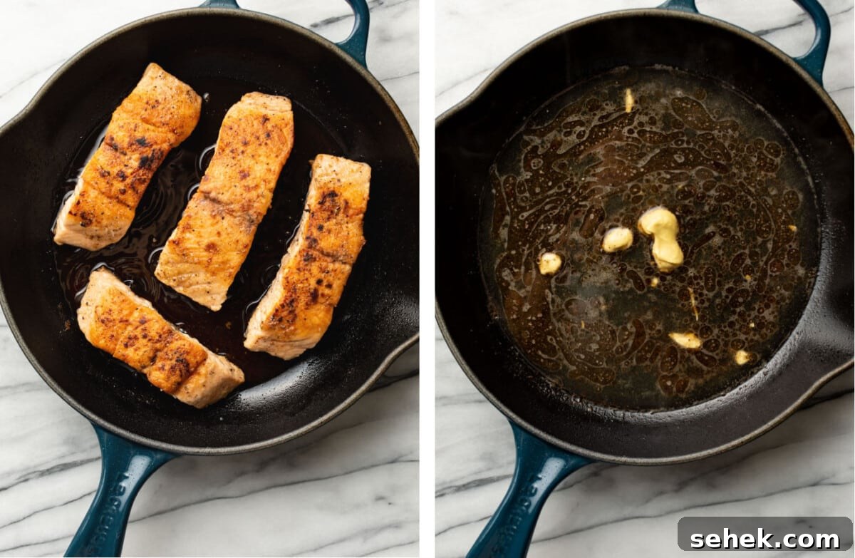 Creamy Dill Salmon Recipe with Lemon and Garlic 4 pan searing salmon in a skillet and making dill sauce