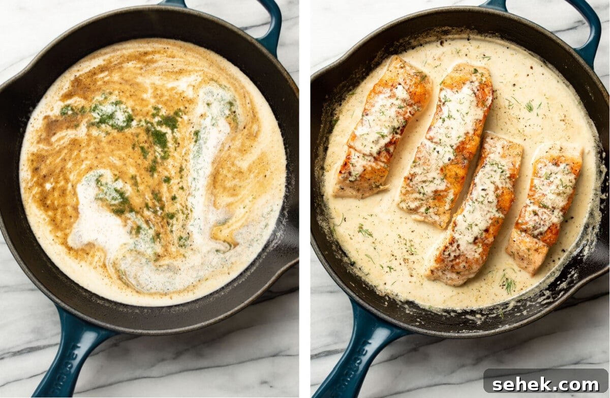 Creamy Dill Salmon Recipe with Lemon and Garlic 5 creamy dill sauce in a skillet before and after adding in salmon