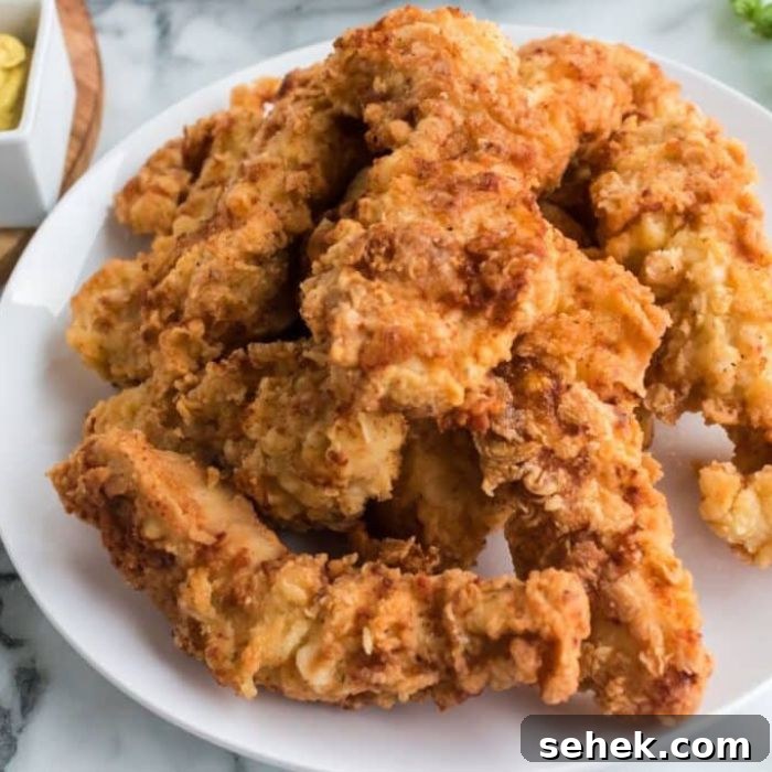 Crispy Homemade Chicken Strips: Oven-Baked & Buttermilk-Marinated 2 Homemade Chicken Strips on a plate stacked on top of one another