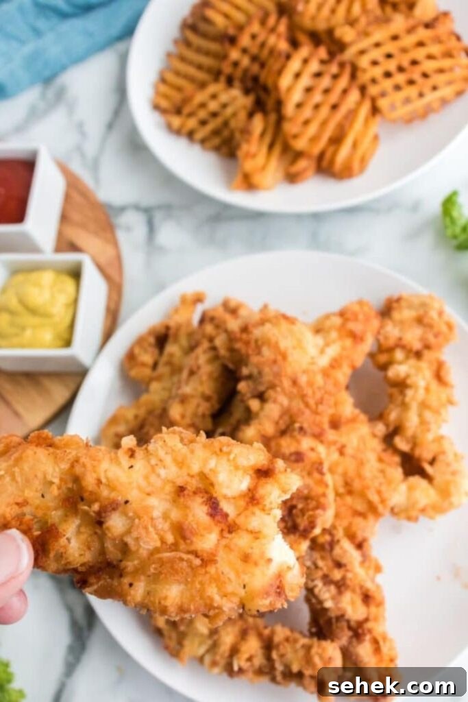 Crispy Homemade Chicken Strips: Oven-Baked & Buttermilk-Marinated 7 Homemade Chicken Strips on plate with one with a bite taken out of it being held in the hand