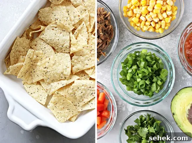 Dairy-Free Nachos Recipe: Crispy, Cheesy Vegan Nachos 3 Tortilla chips in a baking dish and chopped veggies in bowls.