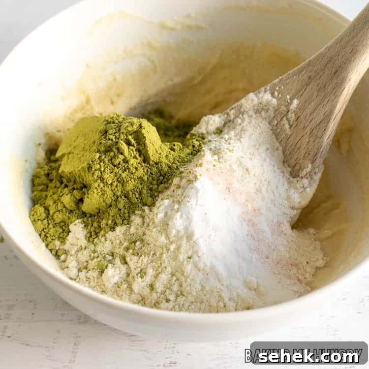 Chewy Matcha Blondies with White Chocolate Swirls 7 ingredients in bowl