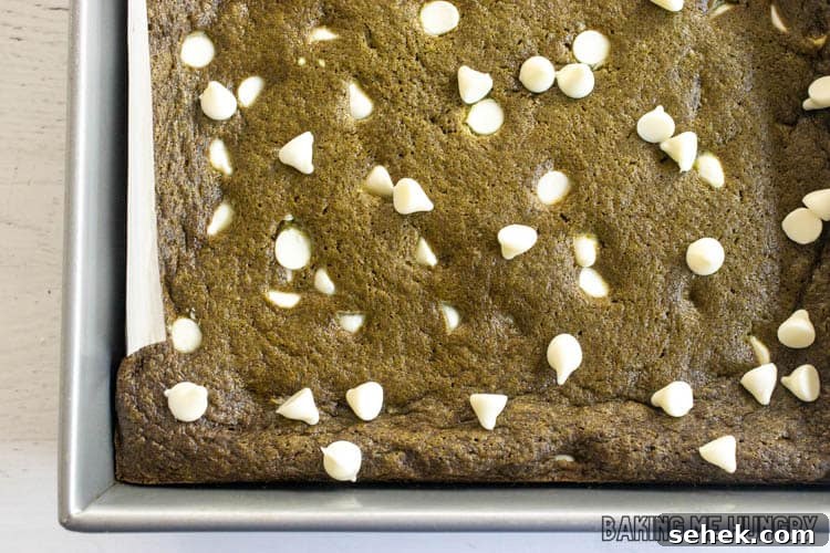 Chewy Matcha Blondies with White Chocolate Swirls 10 baked matcha blondies in pan
