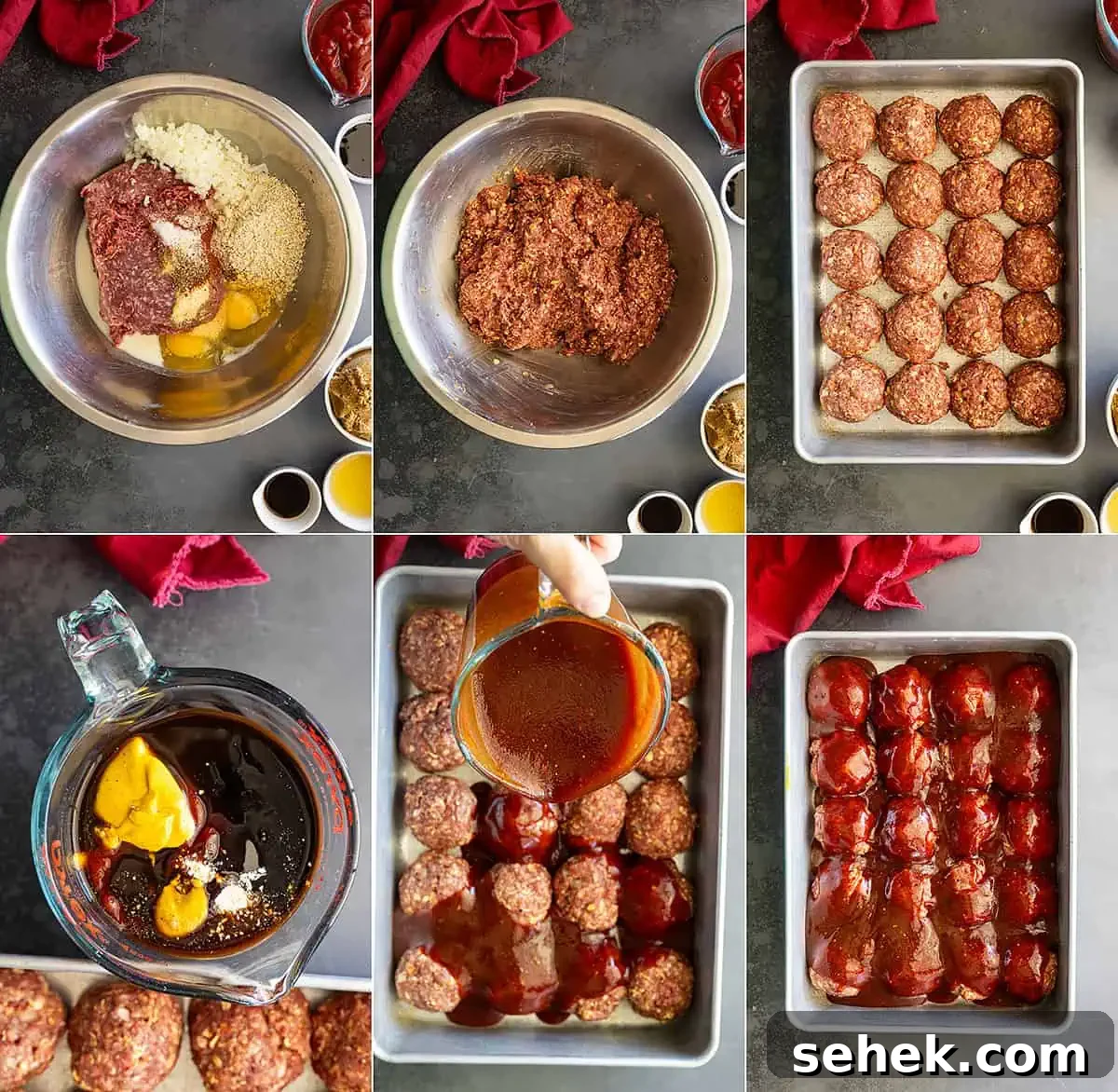 Sticky BBQ Meatballs Recipe That Melts in Your Mouth 4 overhead: collage of six process shots showing how to make barbecue meatballs