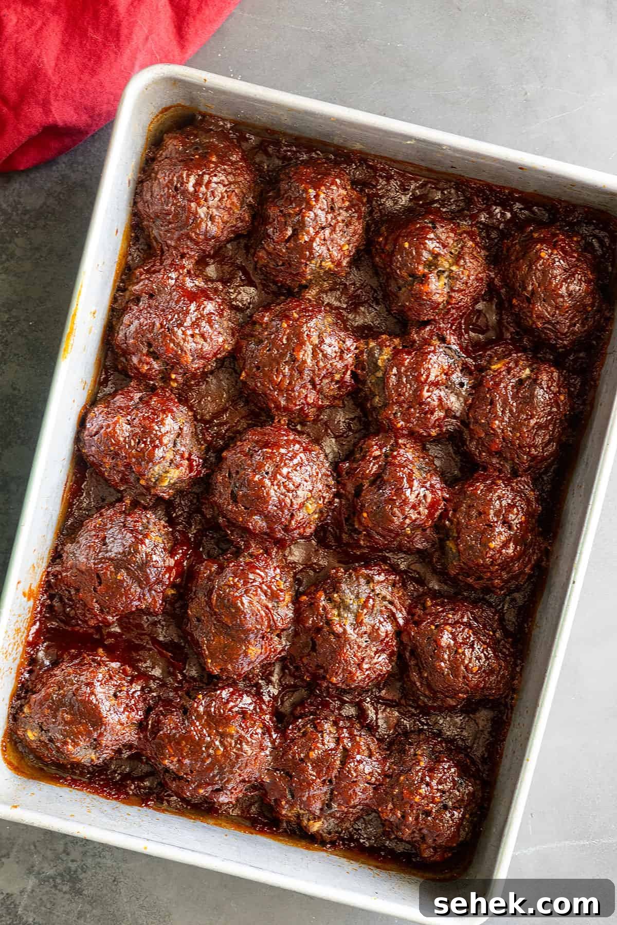 Sticky BBQ Meatballs Recipe That Melts in Your Mouth 5 overhead: BBQ meatballs recipe fresh from the oven