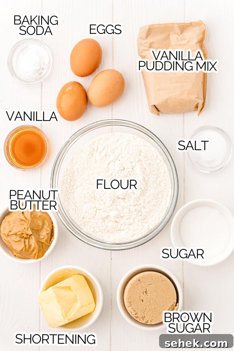 Chewy Peanut Butter Cookies with Crispy Edges: Simple Recipe 4 ingredients to make peanut butter cookies laid out with text labels