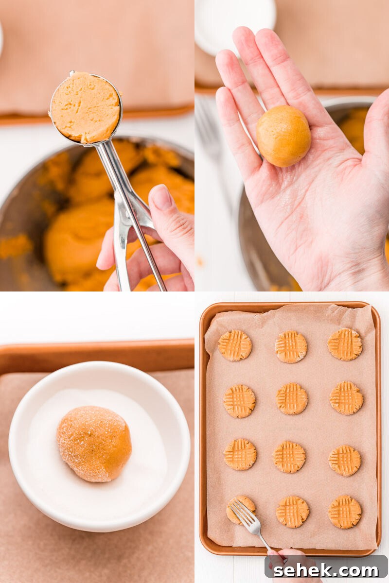 Chewy Peanut Butter Cookies with Crispy Edges: Simple Recipe 7 peanut butter cookie cough in a cookie scoop, rolled into a ball on a palm, ball rolled in sugar, and dough balls on a baking sheet being pressed flat with a fork