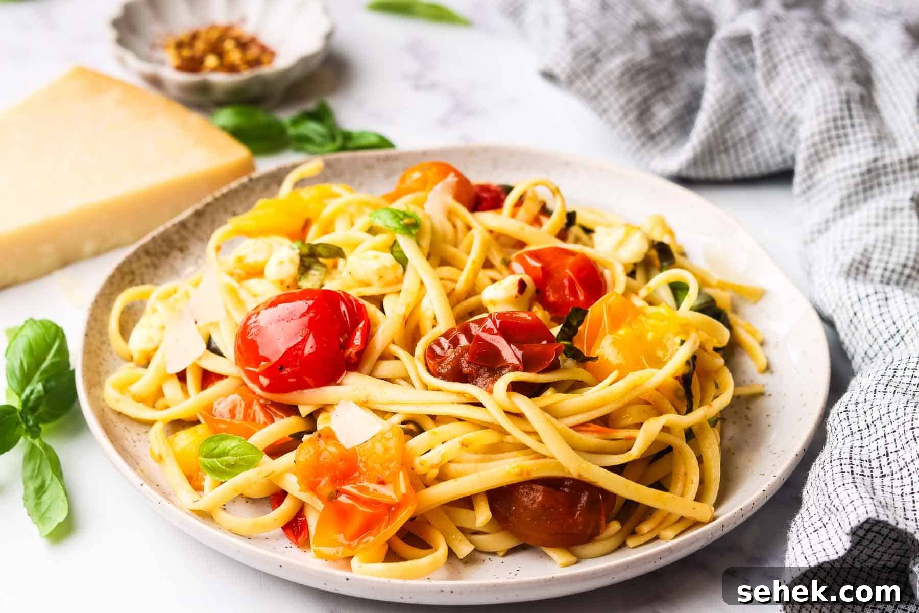 Quick Cherry Tomato Pasta with Garlic and Basil 13 a plate of cherry tomato pasta