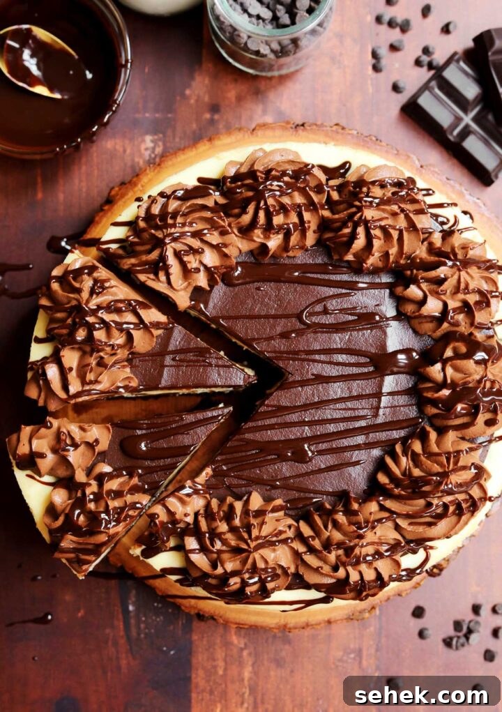Chocolate Chip Cheesecake with a Brownie Crust 2 sliced brownie bottom chocolate chip cheesecake on board with chocolate drizzle