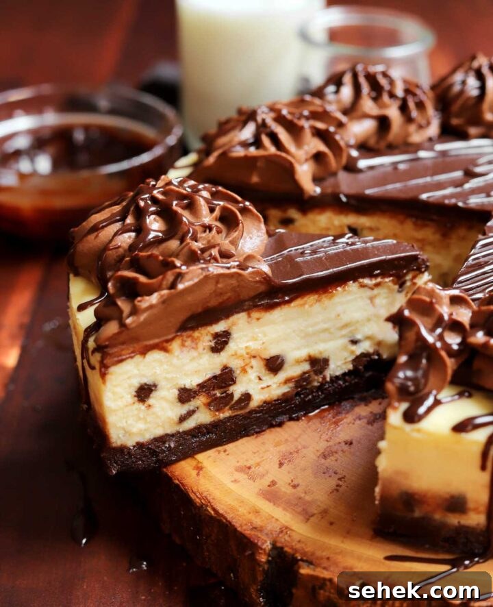 Chocolate Chip Cheesecake with a Brownie Crust 8 sliced brownie bottom chocolate chip cheesecake on board