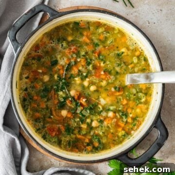 Large saucepan with the cooked Chickpea Soup, with a soup ladle resting in the pot.