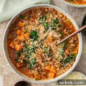 Mediterranean Barley Vegetable Soup Recipe for Flavorful Comfort 13 Bowl of Mediterranean Vegetable and Barley Soup with a spoon in it.