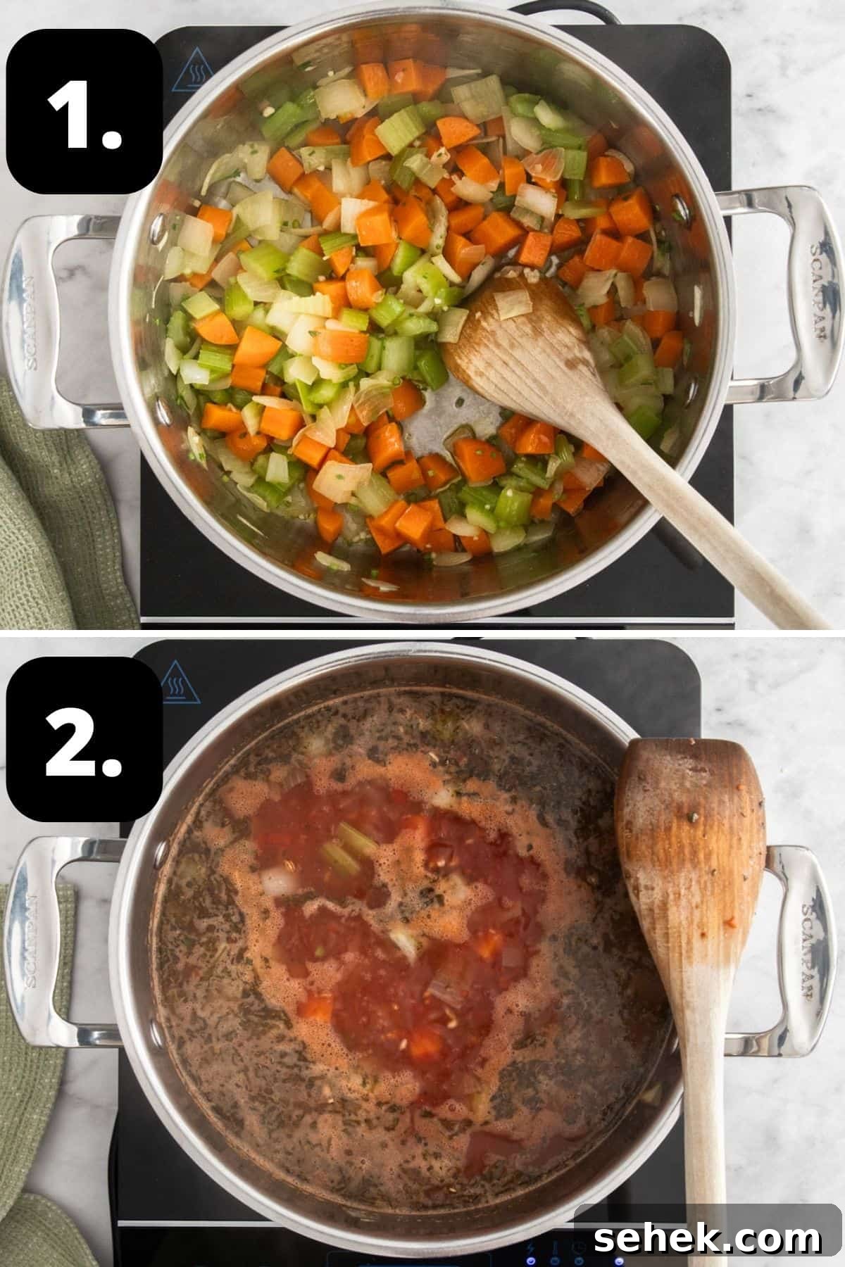 Mediterranean Barley Vegetable Soup Recipe for Flavorful Comfort 5 Steps 1-2 of preparing this recipe: sautéing the soffrito in a saucepan and the stock and tomato added to the pot.