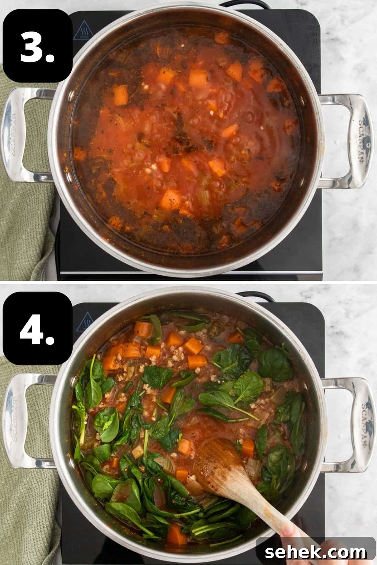 Mediterranean Barley Vegetable Soup Recipe for Flavorful Comfort 6 Steps 3-4 of preparing this recipe: the soup mixture with barley simmering and stirring through the spinach prior to serving.