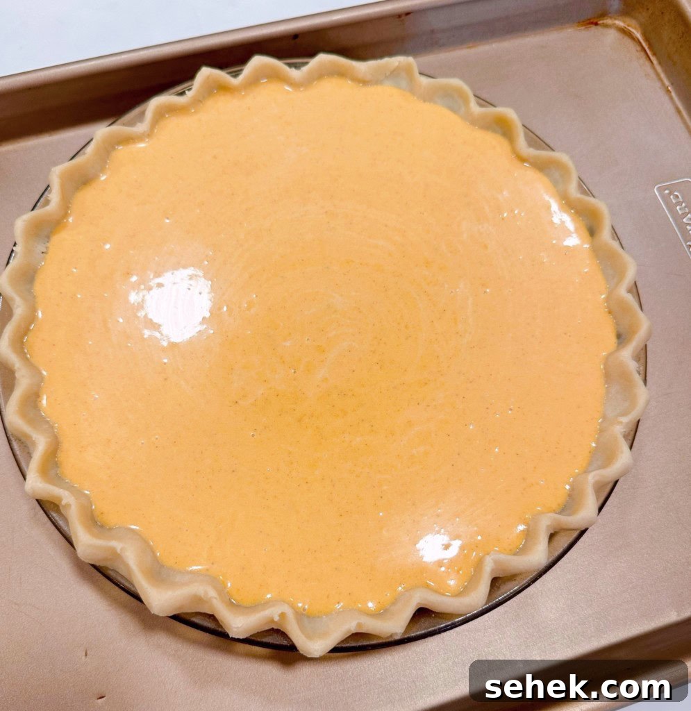 Sweet Potato Pecan Pie: Classic Holiday Dessert Recipe 7 Pie filling poured into unbaked pie shell and placed on a baking sheet.