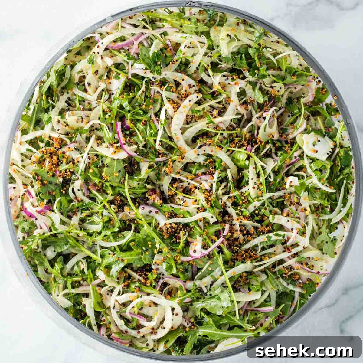 Shaved Fennel & Arugula Salad with Crispy Quinoa Crunch 9 Chopped salad with shaved fennel, onion, arugula and crispy quinoa.
