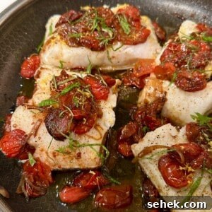 Roasted Tomato, Shallot & Fish One-Pan Dinner Recipe 3 Pan-seared fish with roasted cherry tomatoes and herbs