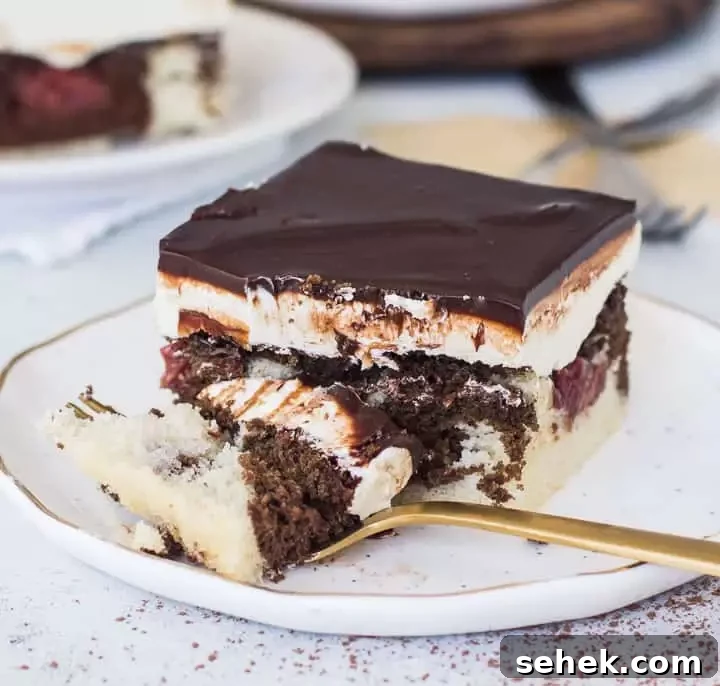 Danube Wave Cake (Donauwellen) – Classic German Layered Dessert 6 slice of Danube waves cake (donauwellen kuchen) on a plate with a fork taking a bite out of it