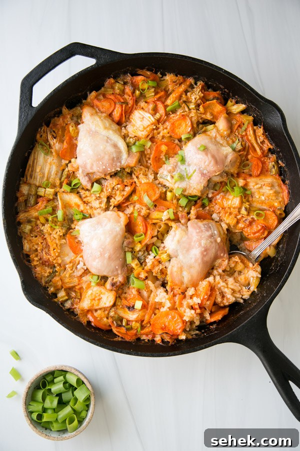 5-Ingredient Gluten-Free Kimchi Chicken Casserole 2 kimchi chicken casserole in a skillet