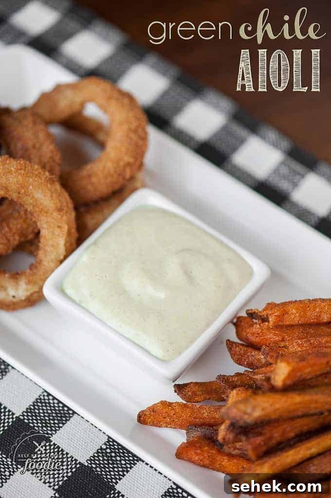 Creamy Green Chile Aioli Recipe for Sandwiches & Tacos 2 onion rings, sweet potato fries, and homemade aioli