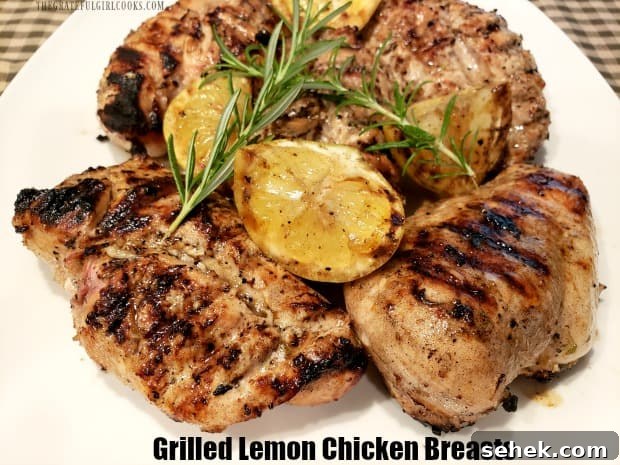 Grilled Lemon Chicken Breasts - The Grateful Girl Cooks! Fire up your BBQ and make delicious, grilled lemon chicken breasts! A flavorful lemon marinade coats the chicken, then it's grilled until done. EASY!