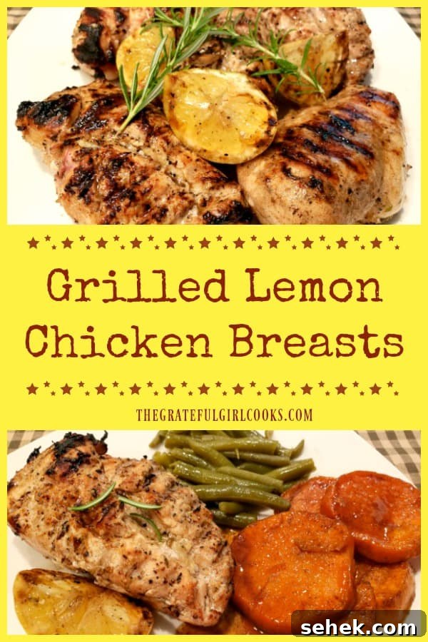 Grilled Lemon Chicken Breasts - The Grateful Girl Cooks! Fire up your BBQ and make delicious, grilled lemon chicken breasts! A flavorful lemon marinade coats the chicken, then it's grilled until done. EASY!