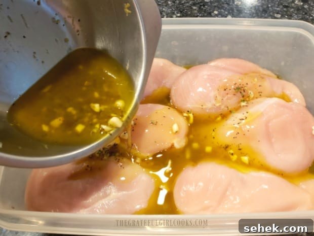 Grilled Lemon Chicken Breasts - The Grateful Girl Cooks! Chicken breasts are coated with the marinade, then refrigerated.