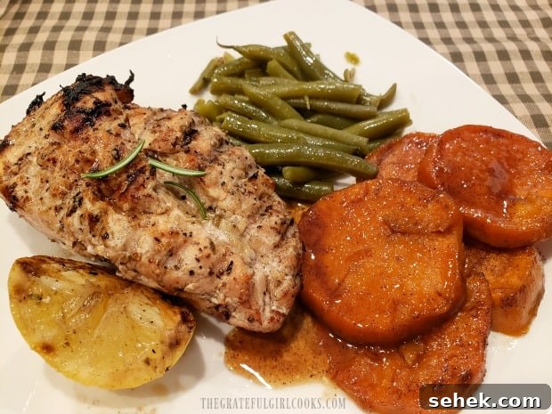 Grilled Lemon Chicken Breasts - The Grateful Girl Cooks! Sweet potatoes, & green beans served with grilled lemon chicken breasts.